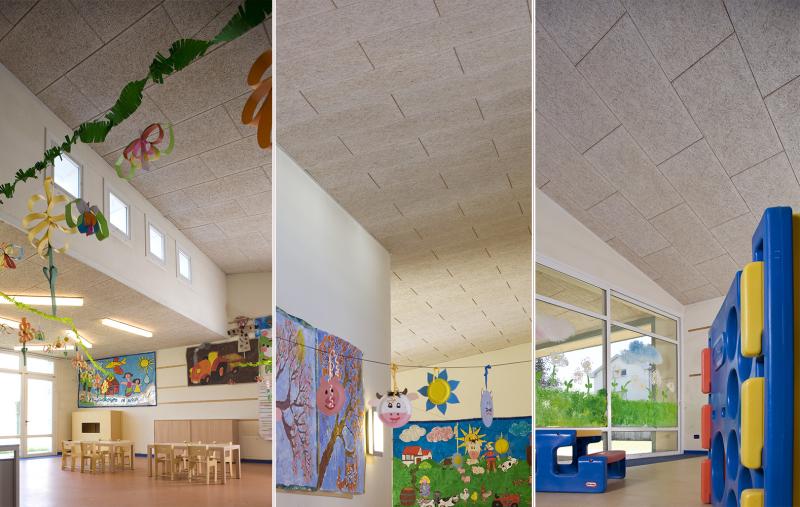 Sistema di controsoffitto fonoassorbente antisfondellamento con pannelli avvitati in lana di legno mineralizzata.