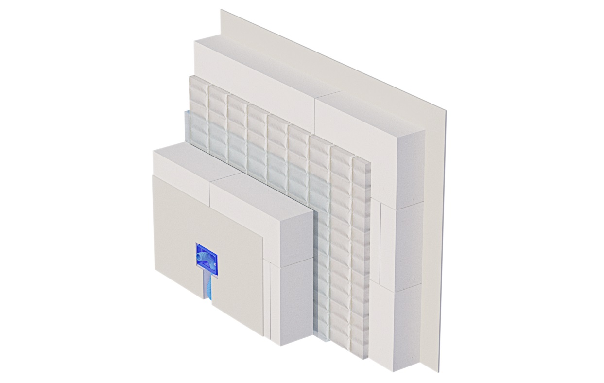 Sistema fonoisolante multistrato a parete composto da 2 tramezze in cls cellulare, rasate esternamente e intervallate con pannello a 3 strati in cls aerato autoclavato, fibra di vetro e lamina di alluminio.